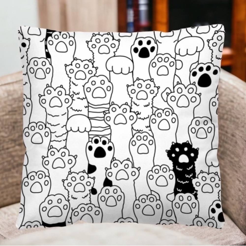 Pillow Cover Cat Paw Print Zip Closure Deco Large Black White Square 17.7 inch